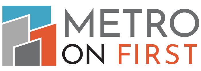 A graphic with the words "METRO ON FIRST" in different fonts and colors.